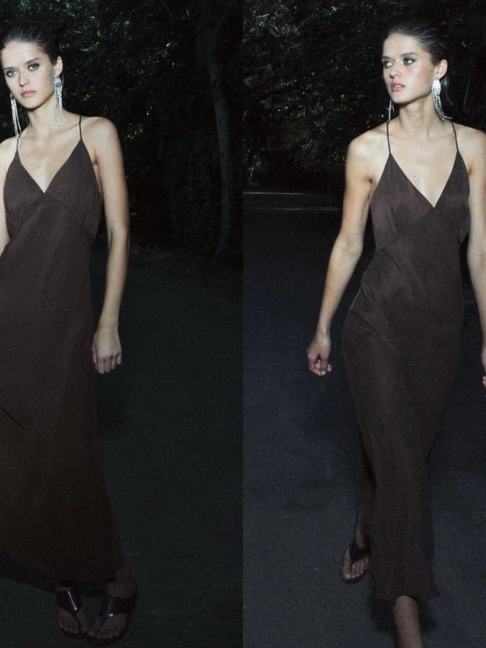 Zara Dark Brown Satin Slip Maxi Dress with Spaghetti Straps